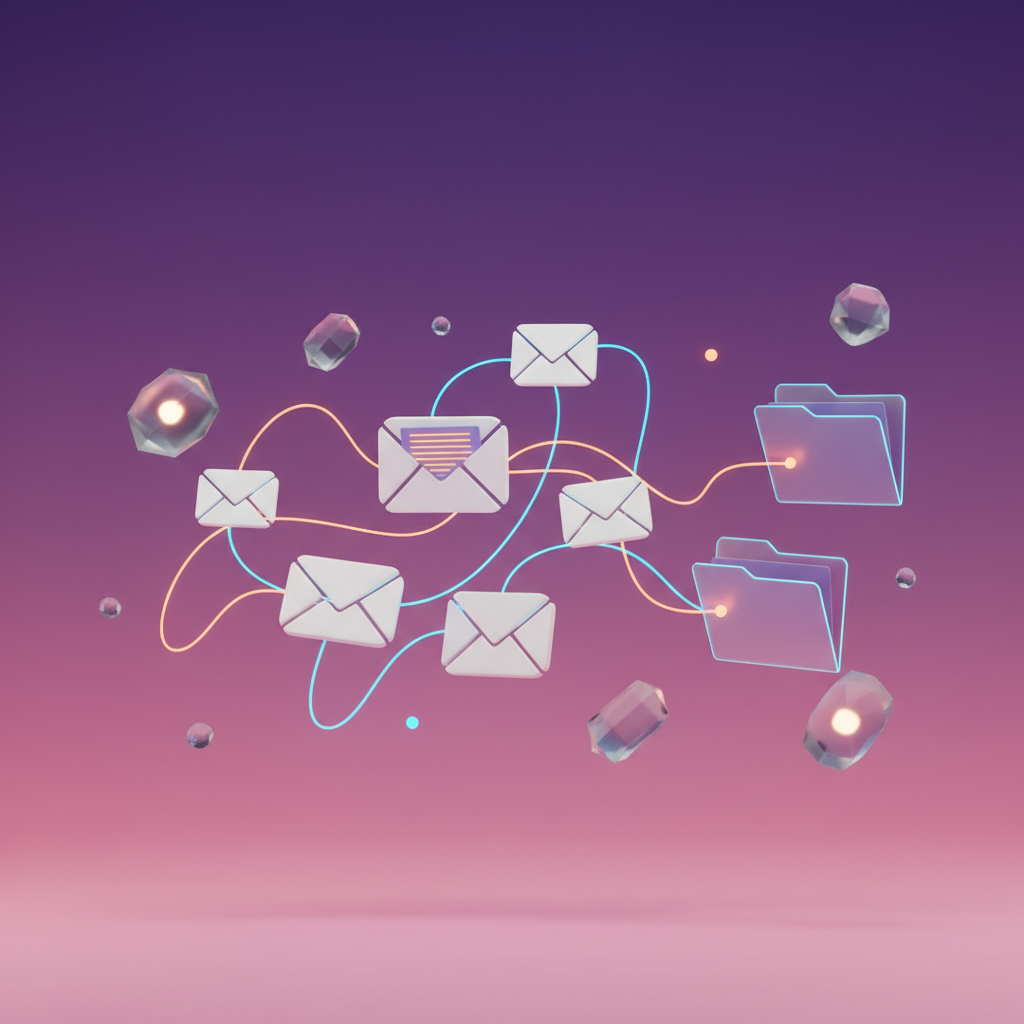 Une interface numérique minimaliste représentant un agent IA organisant des e-mails vers différents services cloud comme Notion et Drive, avec une lueur mauve douce.