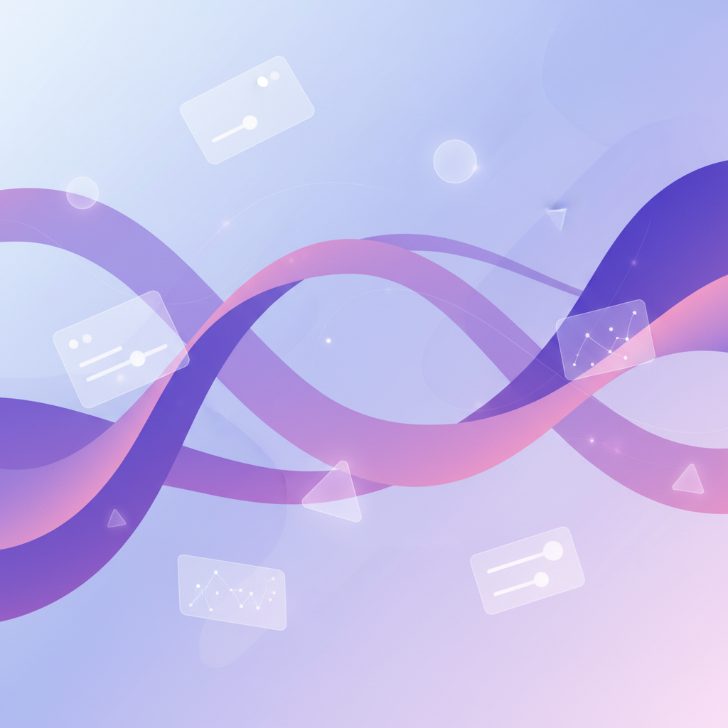 Illustration éditoriale abstraite d'une interface SaaS moderne avec des dégradés de violet représentant le flux et la créativité.