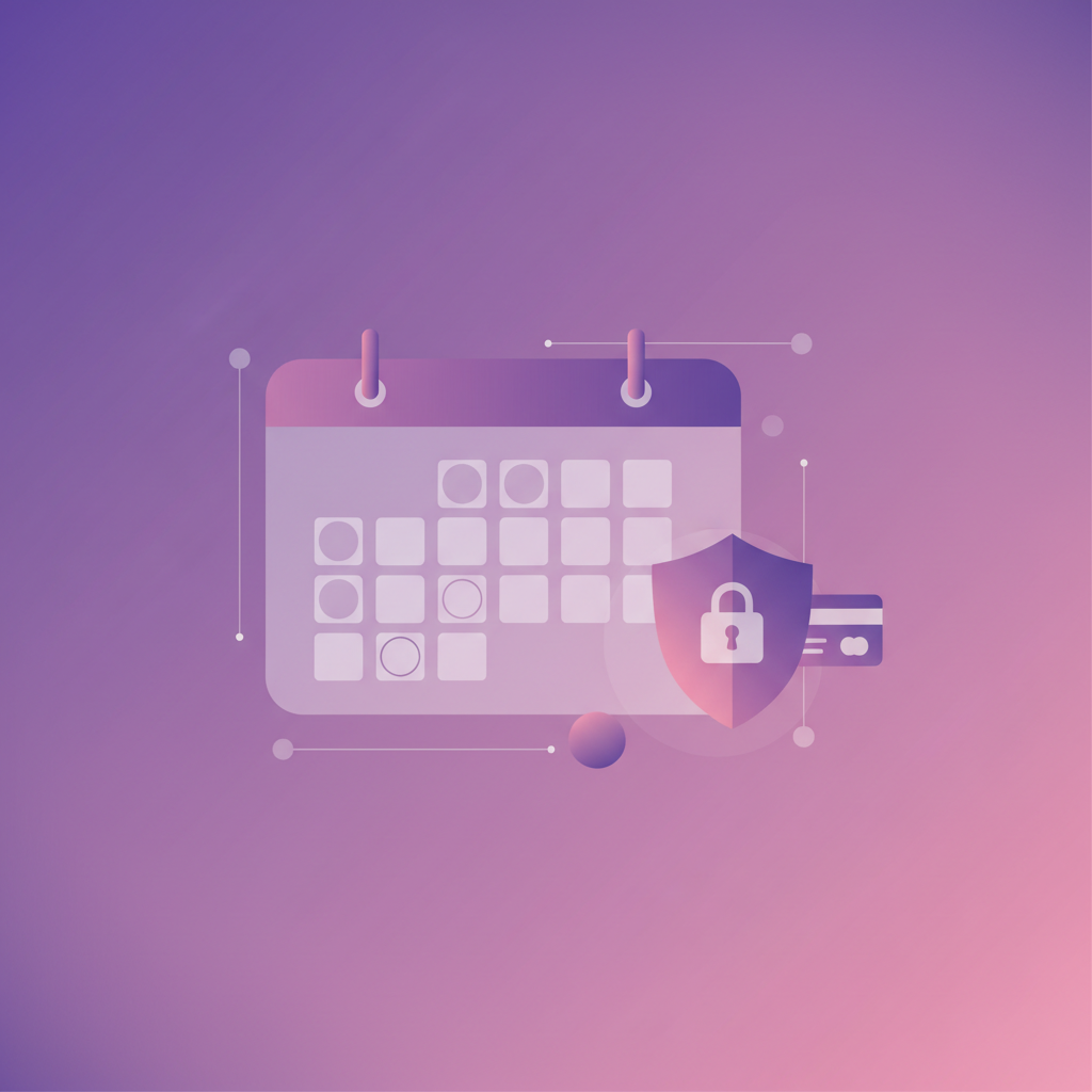 Représentation abstraite d'un calendrier de réservation et d'un flux de paiement dans les tons de violet et indigo.