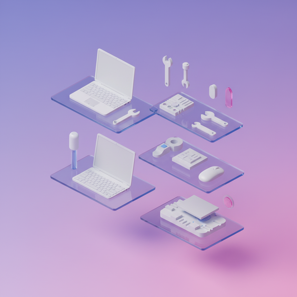 Rendu 3D minimaliste de boîtes d'équipement technologique organisées dans une atmosphère dégradée rose et mauve, représentant la logistique interne.