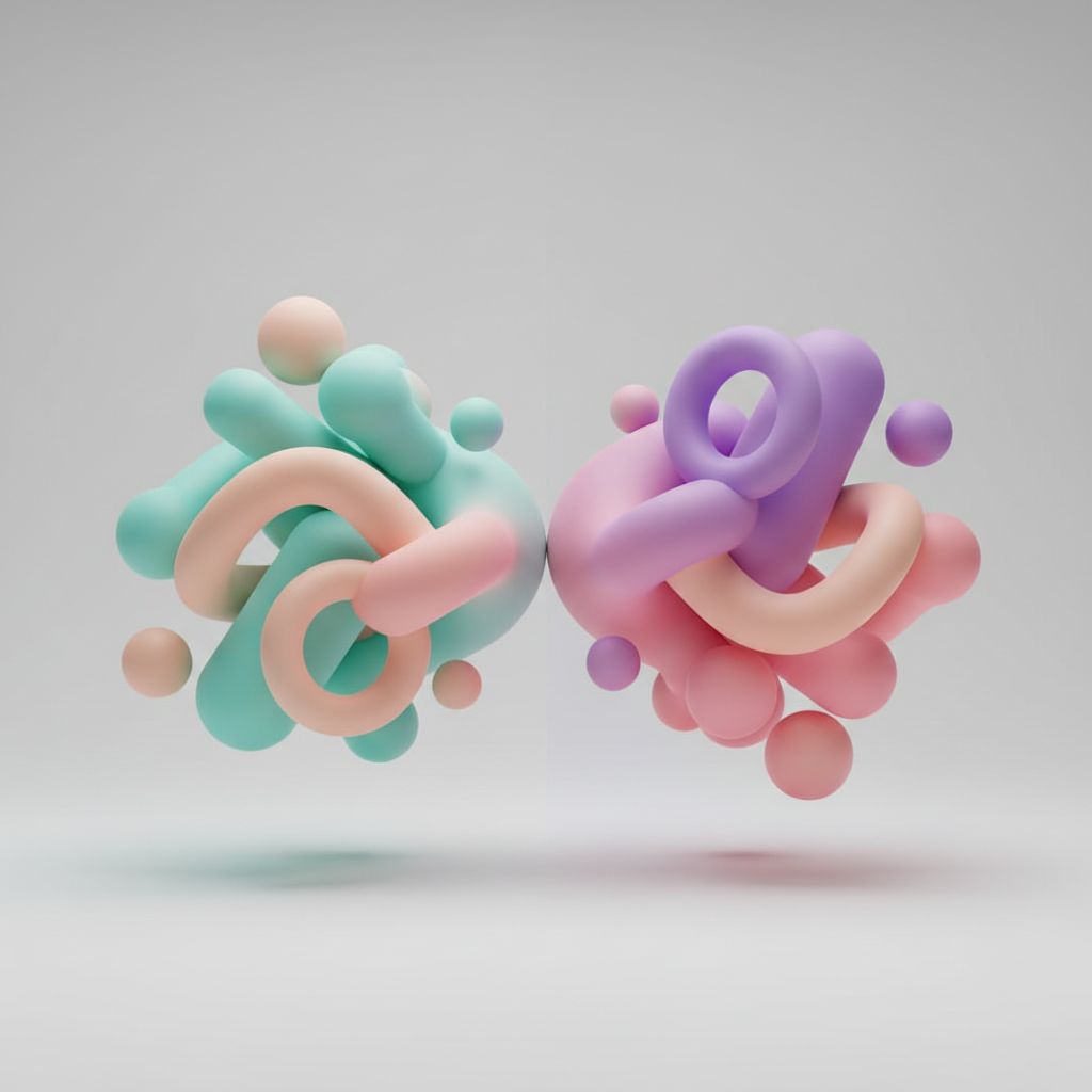 Formes 3D abstraites minimalistes aux couleurs turquoise et pêche représentant un SaaS de garde d'animaux créé avec l'IA.