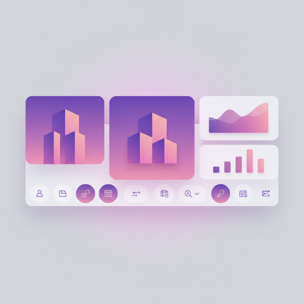 Un tableau de bord minimaliste pour une application de gestion de propriétés nommée Rently, utilisant l'esthétique mauve et rose de Lovable.