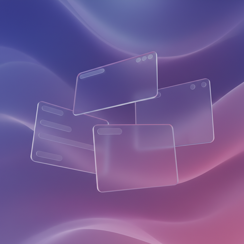 Rendu 3D minimaliste montrant un tableau de gestion de projet flottant avec des dégradés indigo et rose, symbolisant le vibe coding et le développement IA.