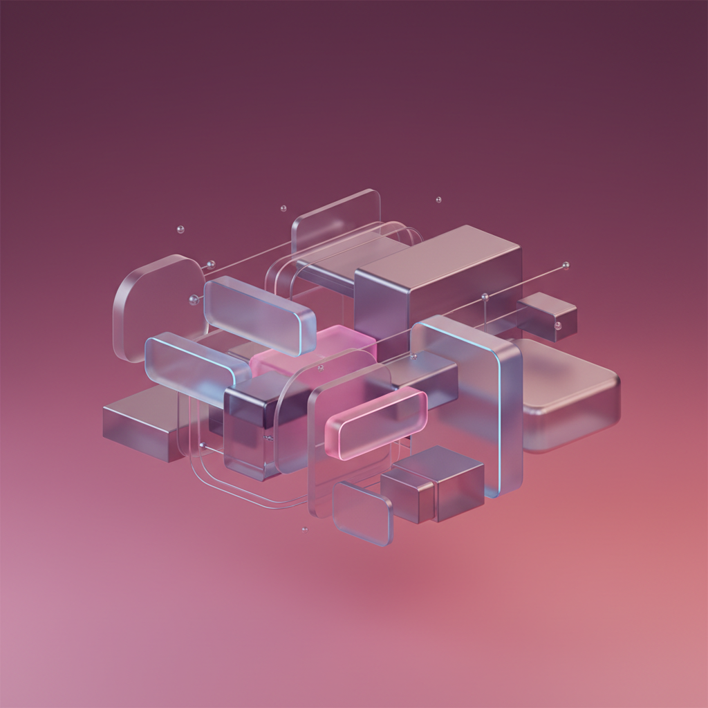Illustration 3D conceptuelle de la génération de code par IA avec Lovable et Claude, dégradés doux.