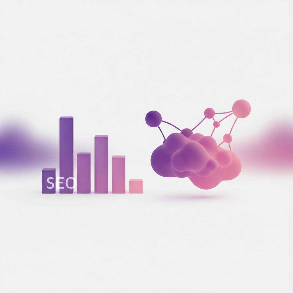 Interface 3D minimaliste montrant des graphiques SEO et des icônes d'IA dans un style dégradé mauve et rose.