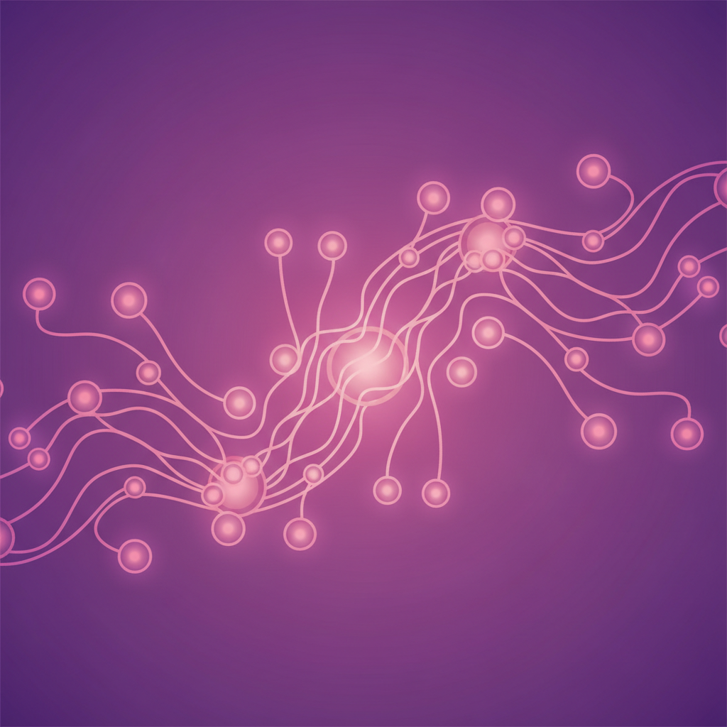 Illustration abstraite d'une interface d'assistant numérique avec des lignes de connexion IA et un fond dégradé violet doux.