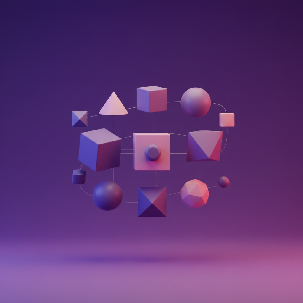 Représentation abstraite 3D minimaliste de modules d'apprentissage numérique avec des dégradés violet et indigo.