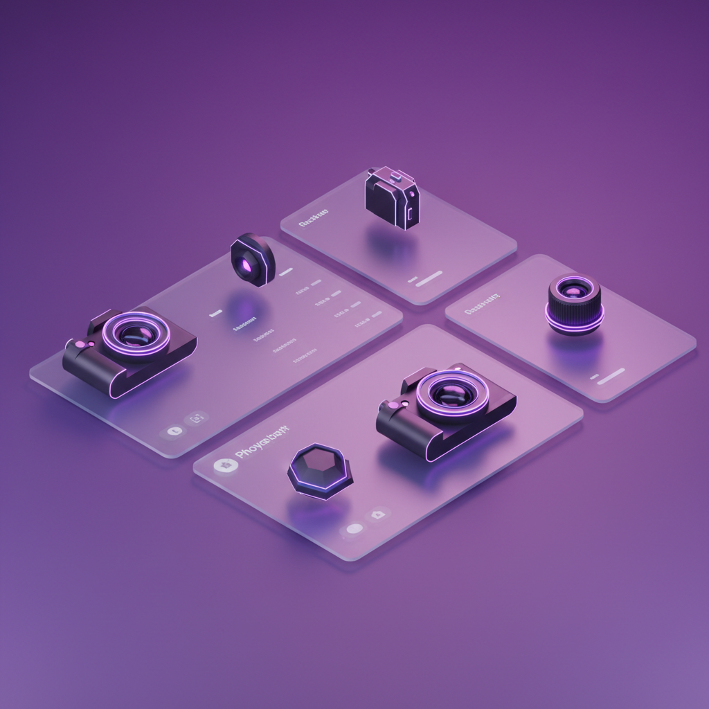 Interface 3D minimaliste montrant un flux de réservation de matériel photo avec des dégradés bleu et violet.