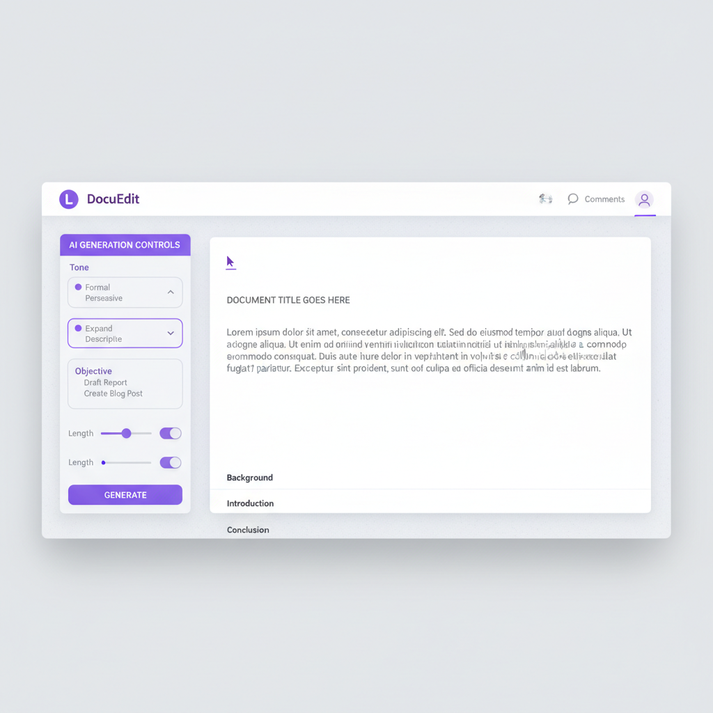 Interface de l'éditeur de copywriting IA avec mise en page en écran scindé.