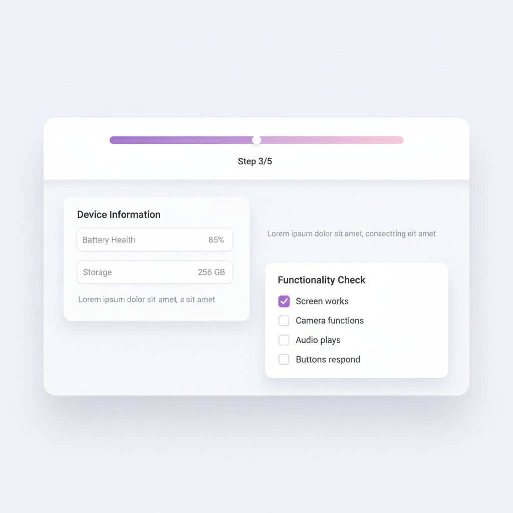 Formulaire de mise en vente multi-étapes avec check-list technique.