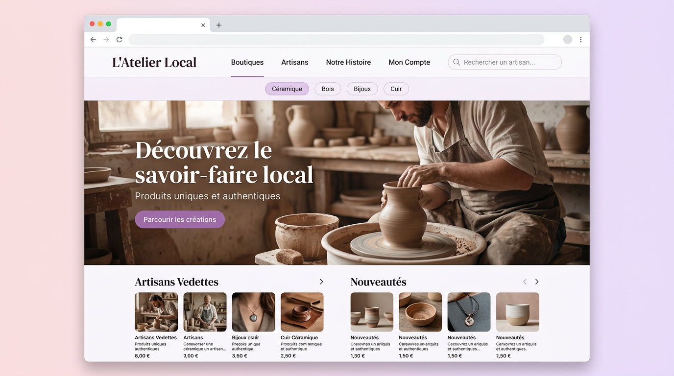 Page d'accueil de la marketplace artisanale avec section héros et catégories d'artisanat.