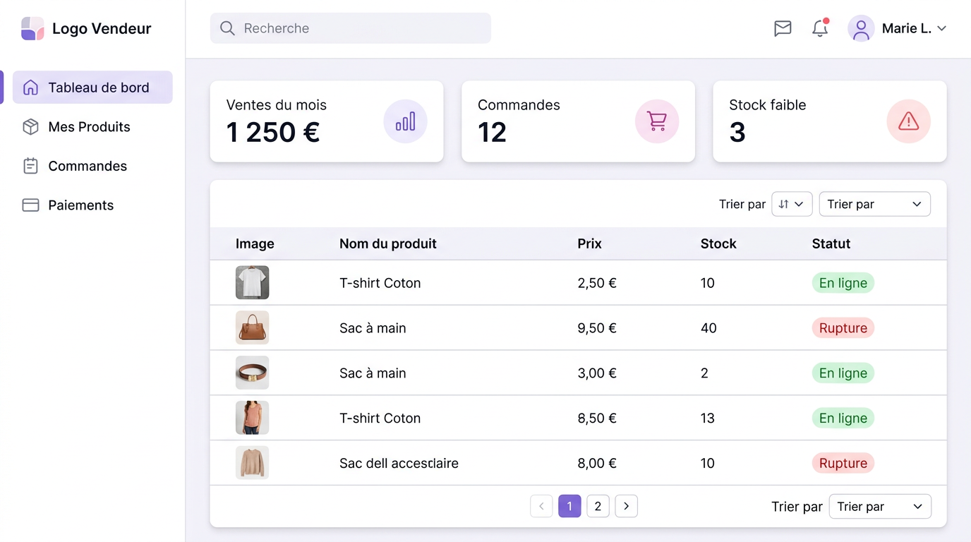 Tableau de bord artisan affichant les statistiques de vente et la gestion des produits.