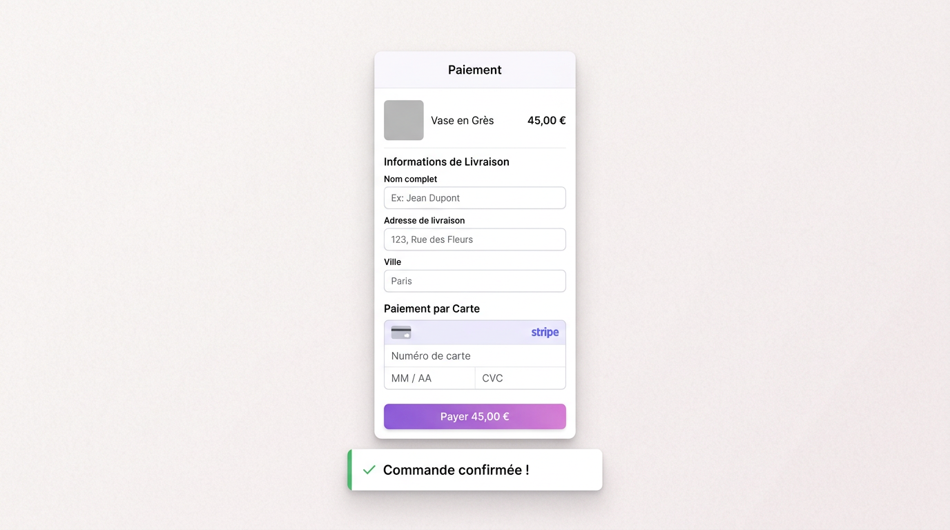 Expérience de paiement mobile pour un article fait main.