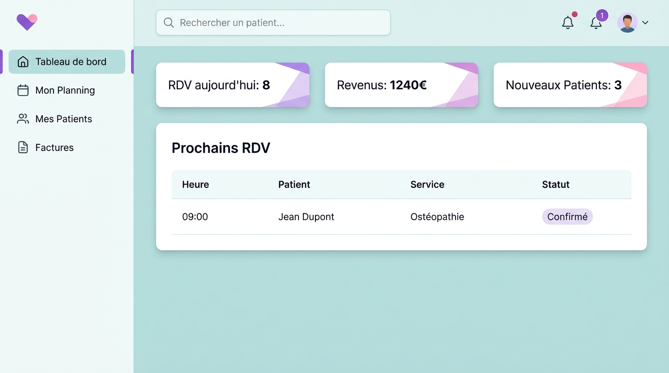 Tableau de bord praticien affichant les statistiques et les prochains rendez-vous.