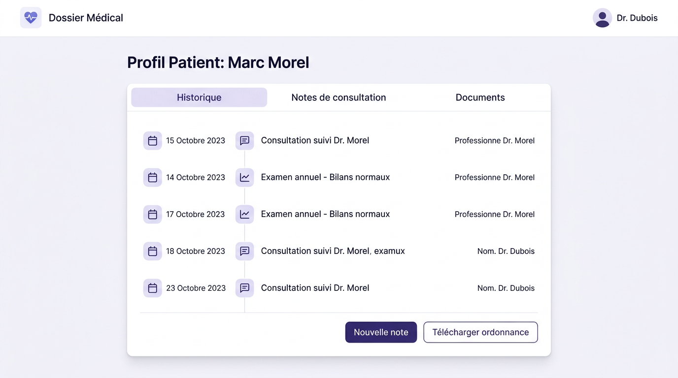 Vue sécurisée d'un dossier patient numérique.