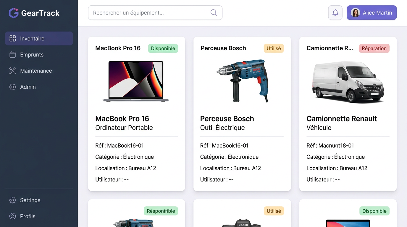 Tableau de bord d'inventaire montrant des cartes d'équipement comme des MacBooks et des Perceuses avec leur statut.