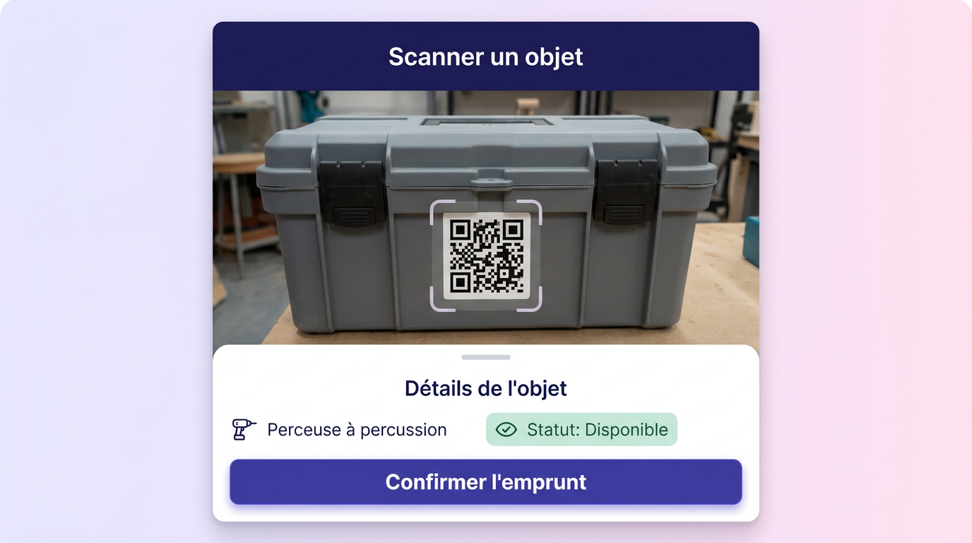 Interface de scan de code QR sur smartphone pour l'emprunt d'équipement.