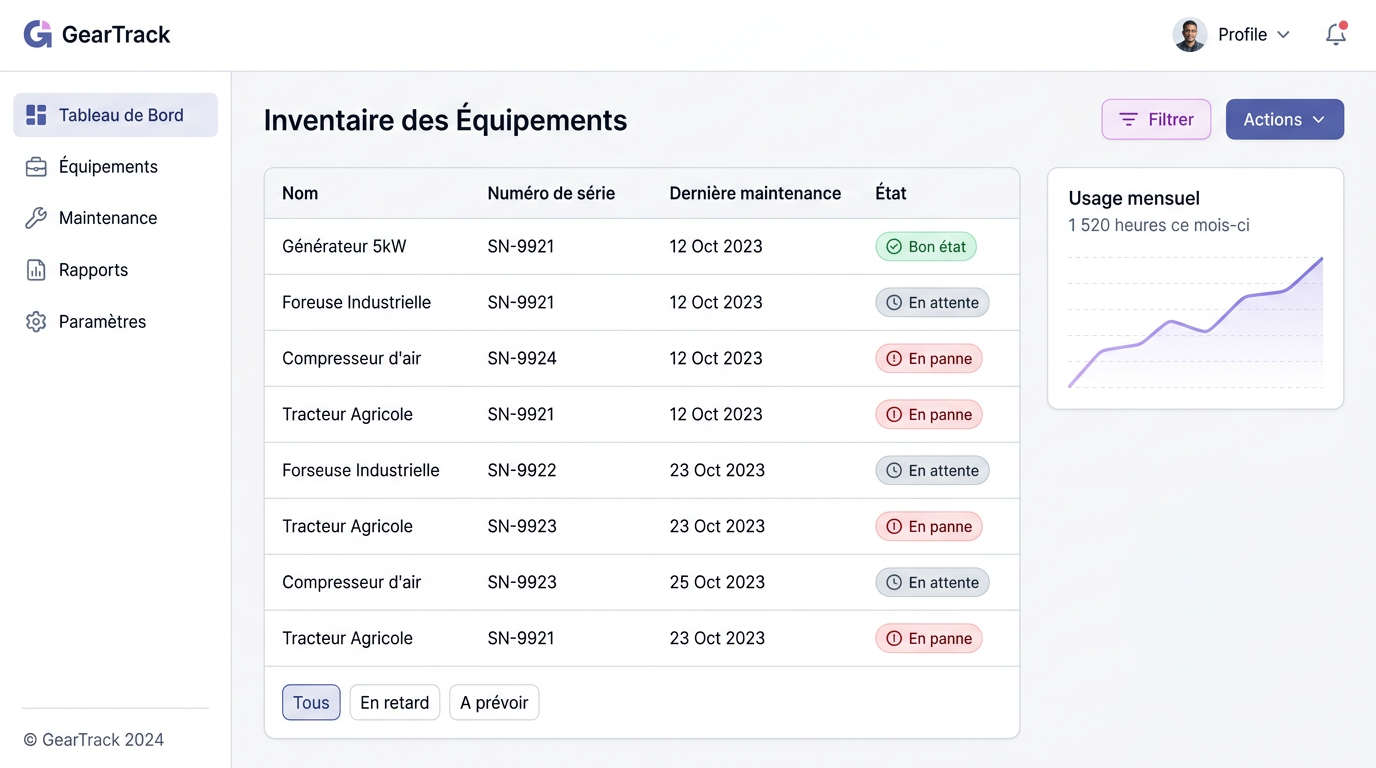 Vue administrateur avec tableaux et analyses pour la maintenance de l'équipement.