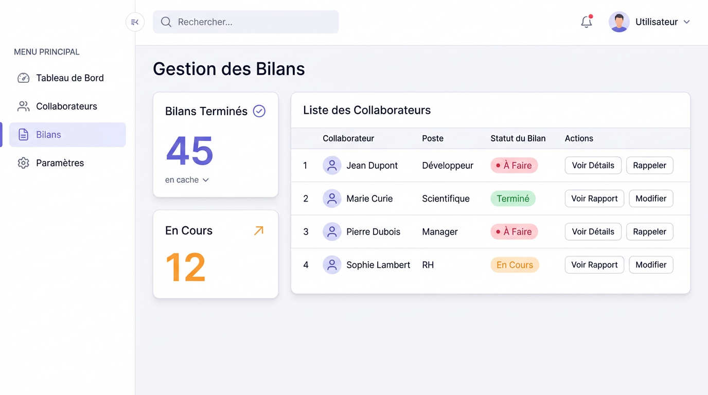 Tableau de bord SaaS avec liste d'employés et statistiques RH.