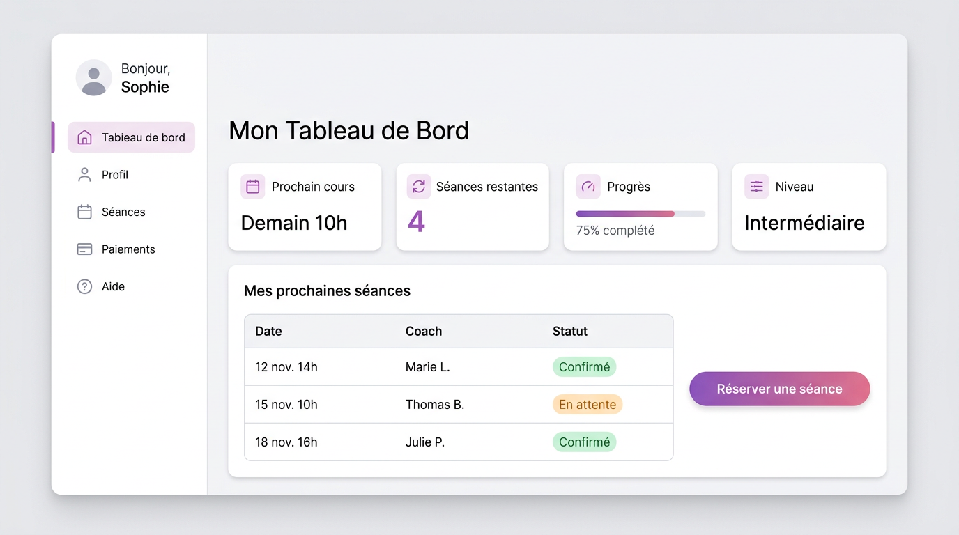 Tableau de bord client affichant les séances à venir et un graphique de progression.