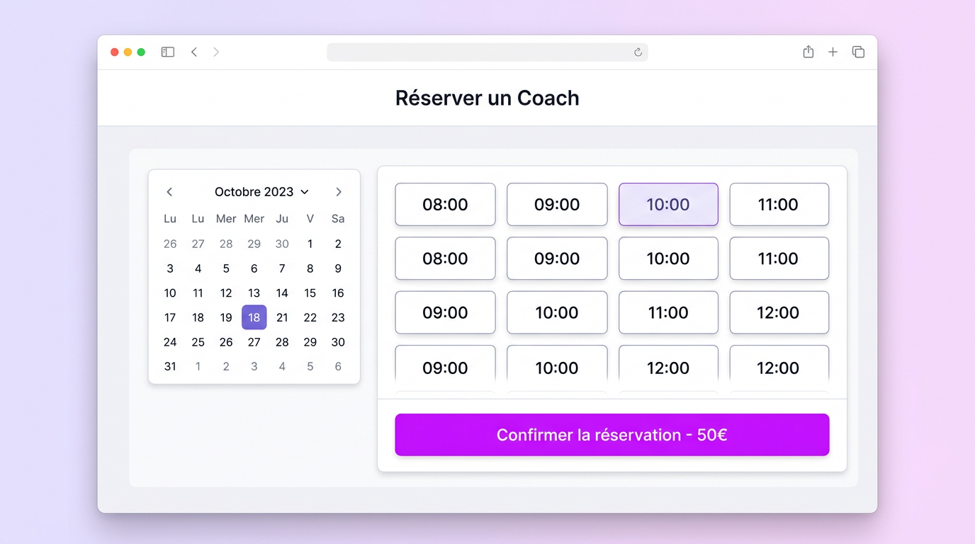 Vue calendrier de réservation avec créneaux disponibles pour un coach.