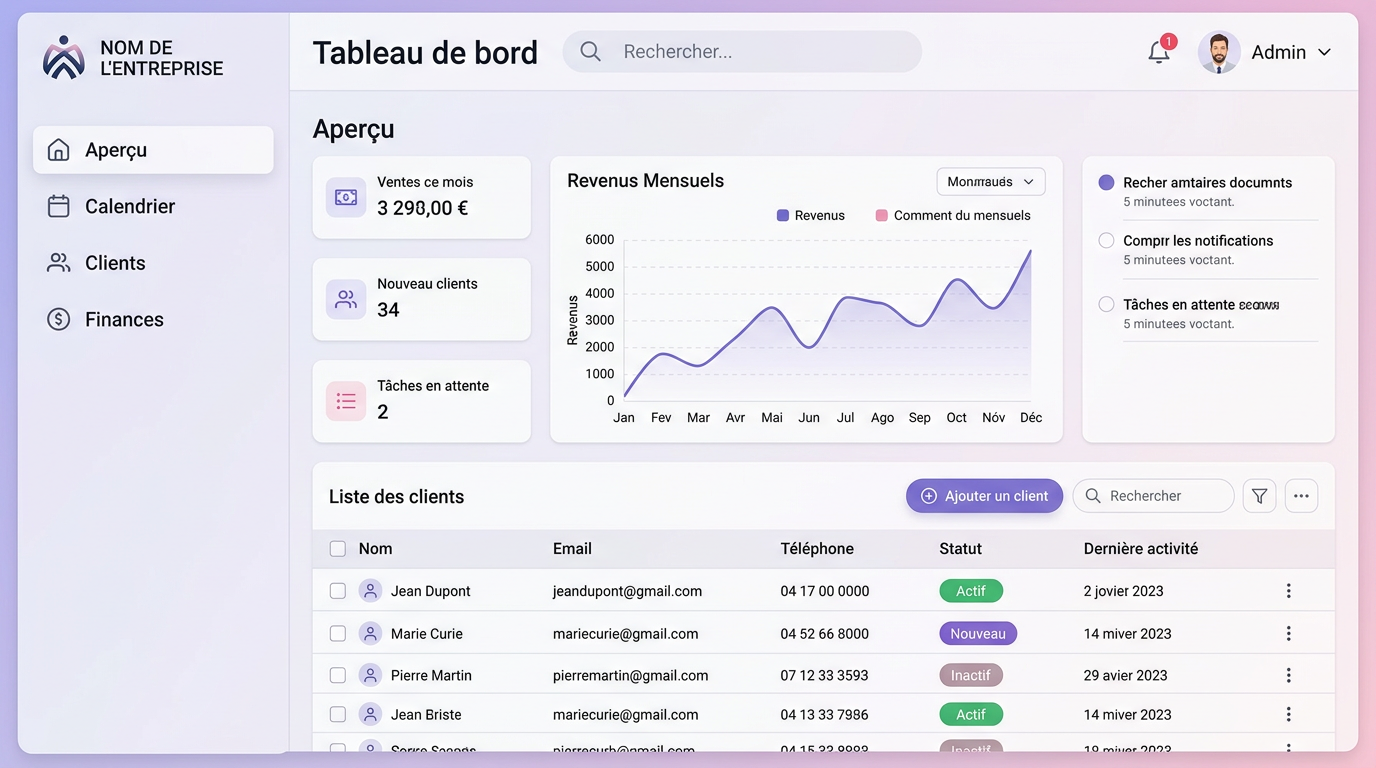 Panneau admin coach affichant les stats de revenus et la liste des clients.