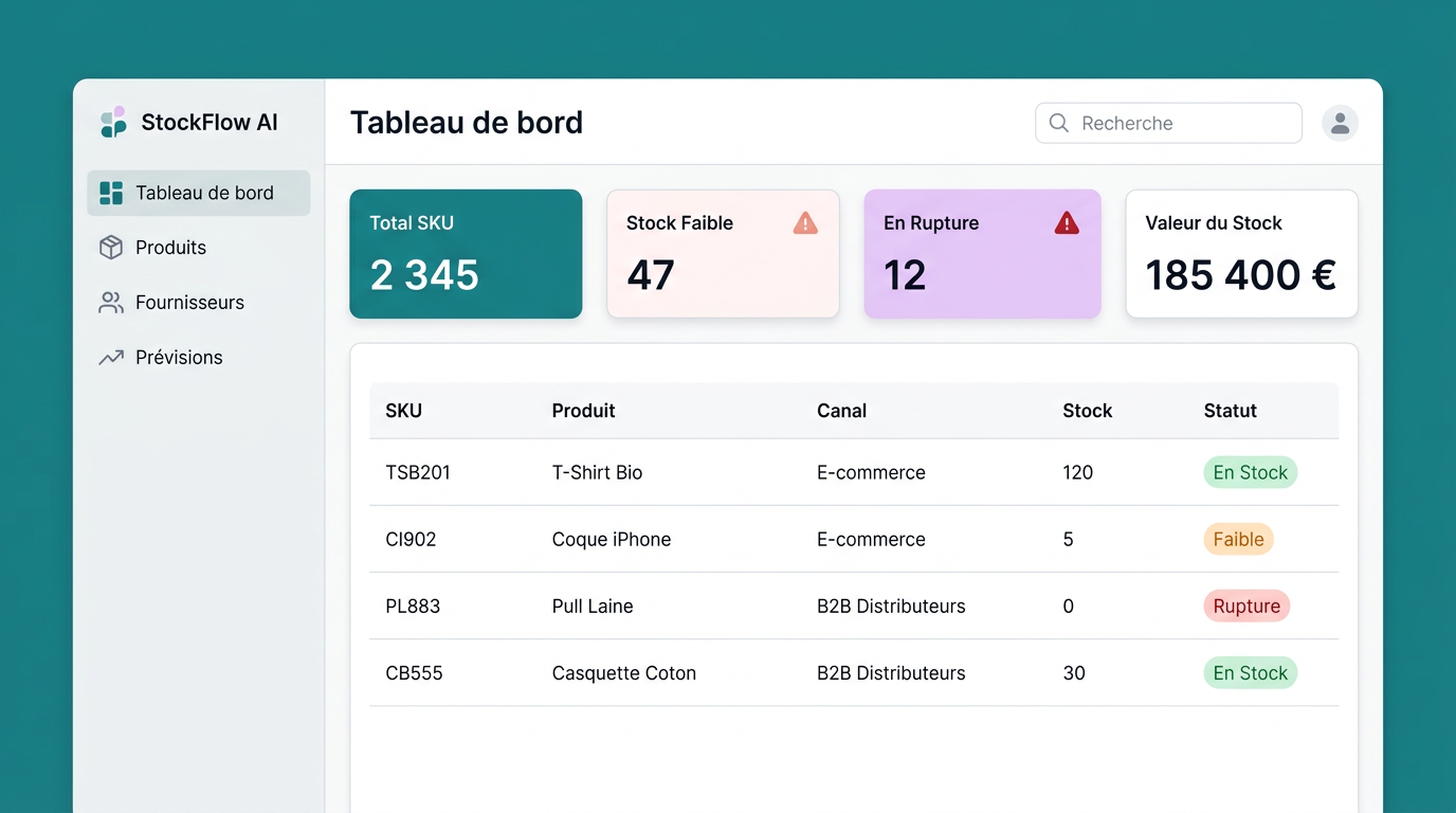 Tableau de bord StockFlow AI avec statistiques d'inventaire et liste de produits.