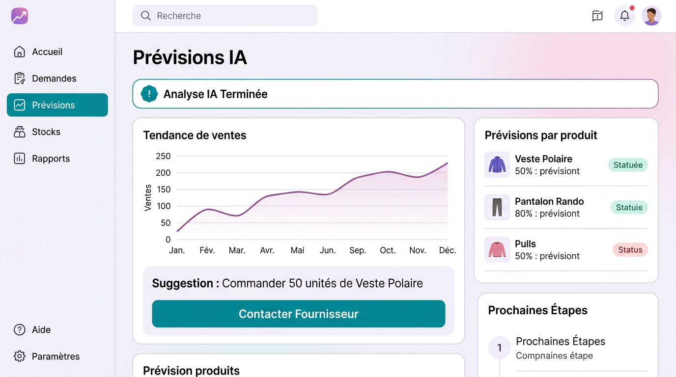 Écran de prévision de la demande par IA avec graphiques.