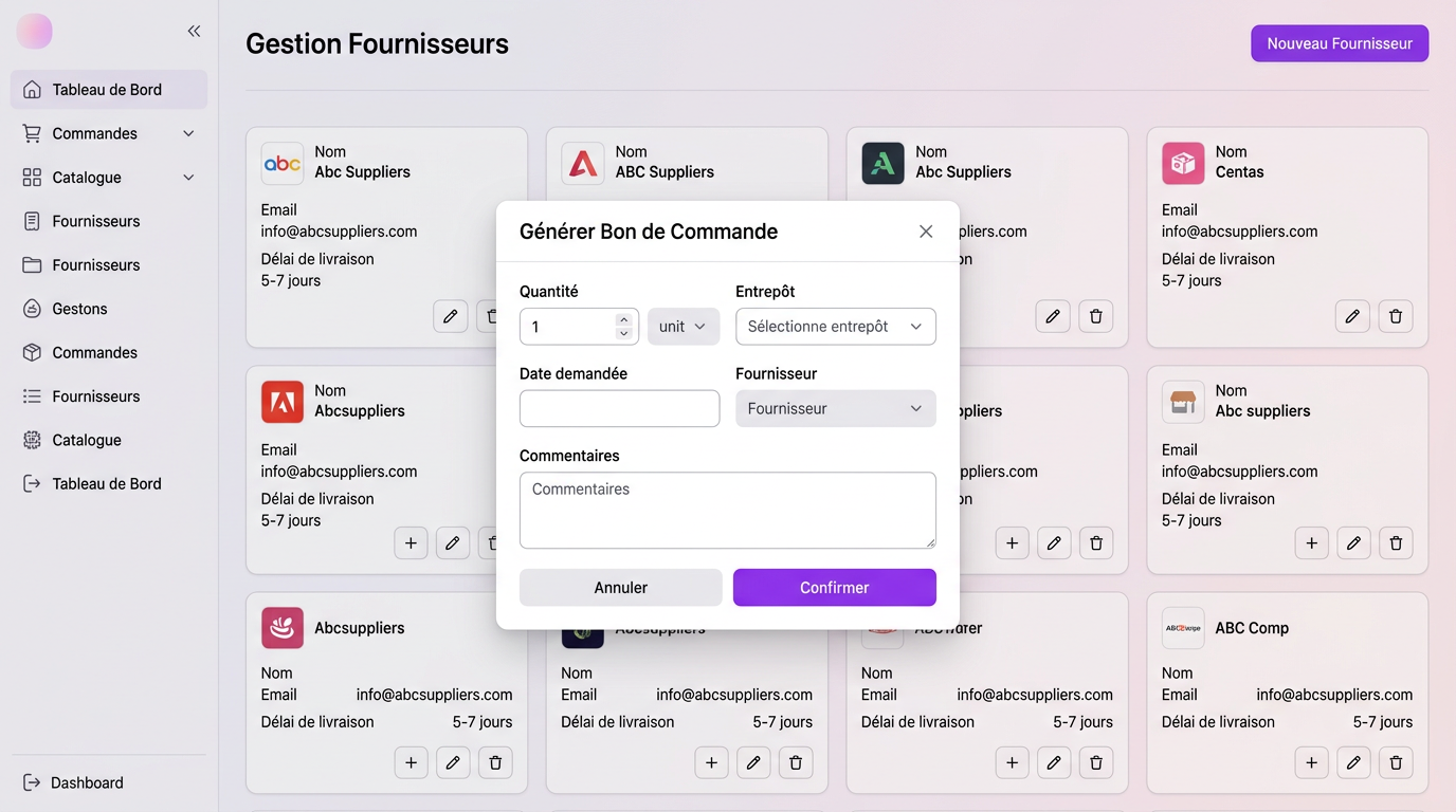 Gestion des fournisseurs et génération de bons de commande.