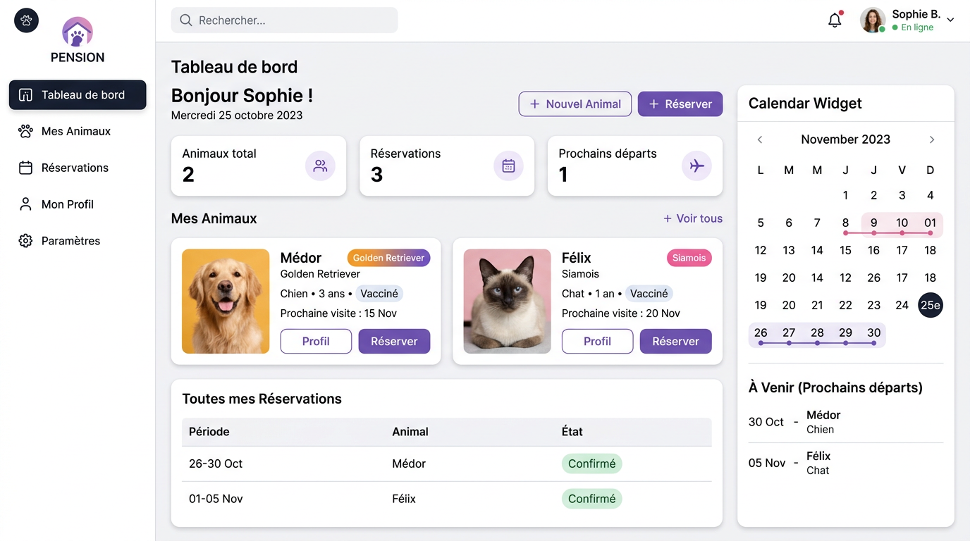 Tableau de bord utilisateur avec cartes d'animaux et calendrier de réservation.