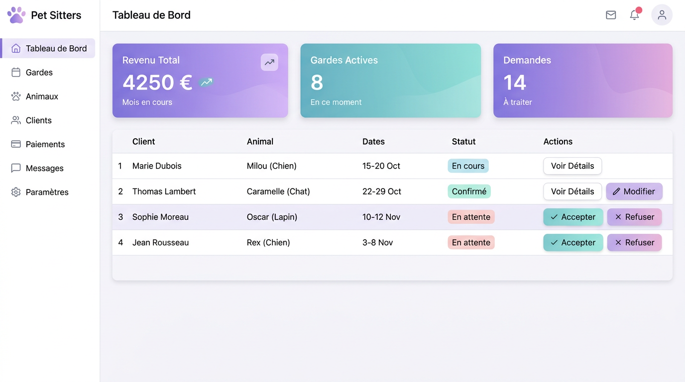 Vue administrateur pour les gardiens avec graphiques de revenus et demandes.