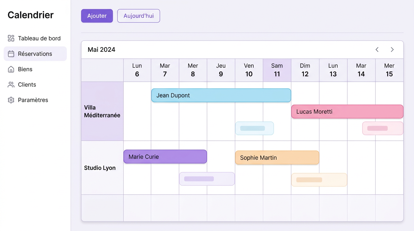 Calendrier de réservation interactif Rently avec barres de séjour colorées.
