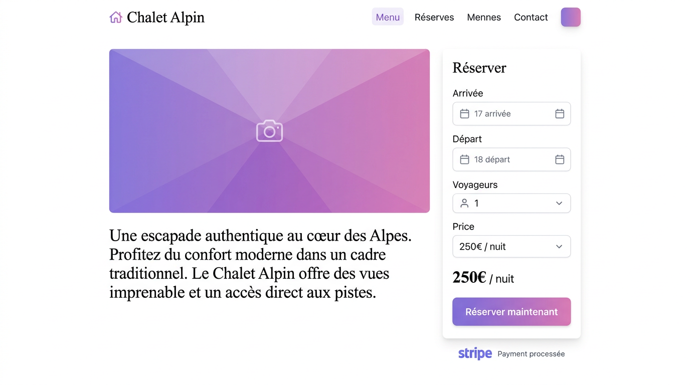 Page de réservation client Rently avec sélection de dates et résumé de prix.