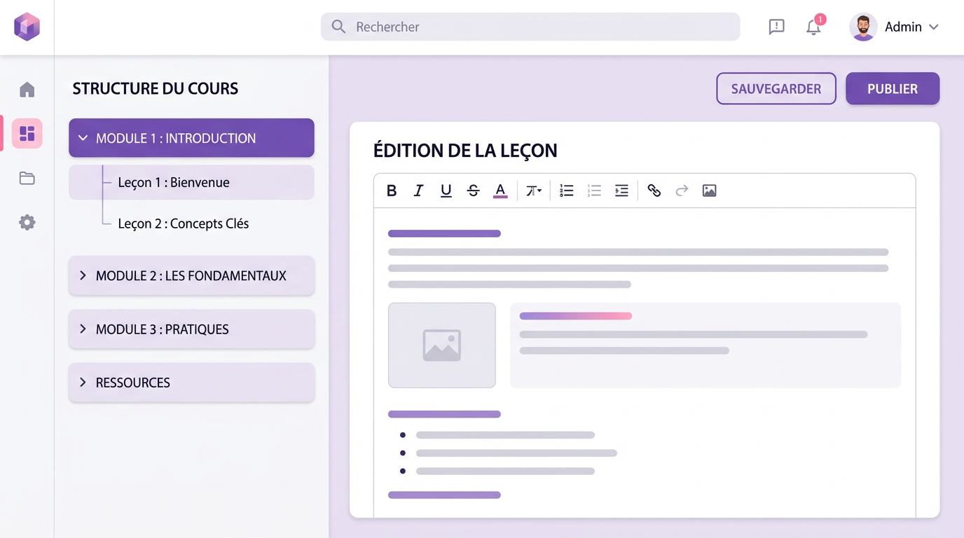 Interface de création de cours pour instructeur avec arborescence de modules et éditeur.