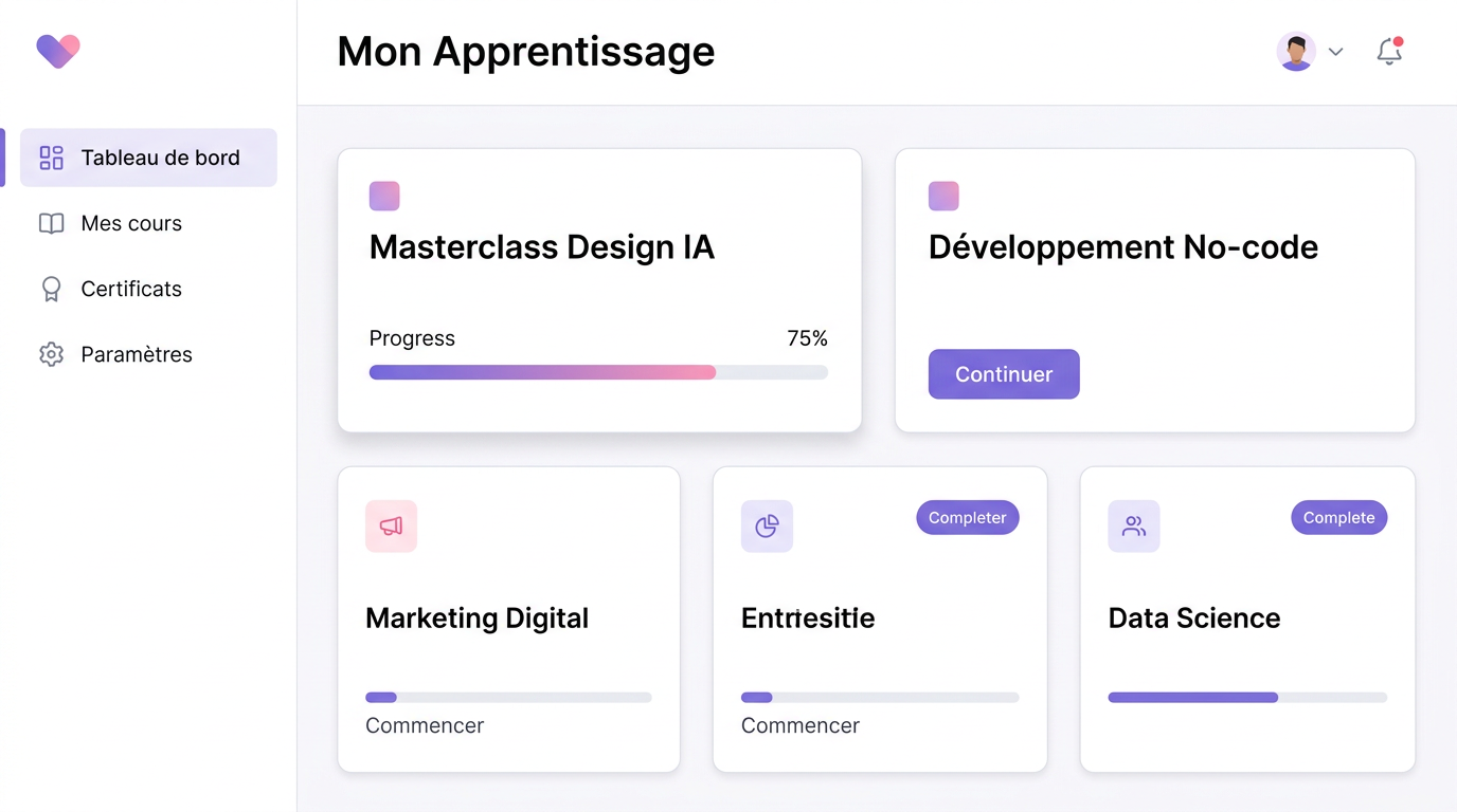 Tableau de bord étudiant montrant la progression et les cours suivis.