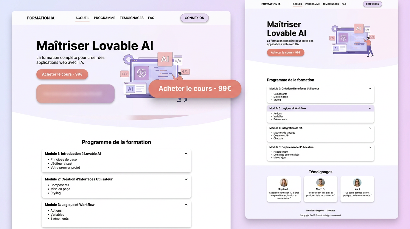 Page de vente d'un cours avec prix et aperçu du programme.