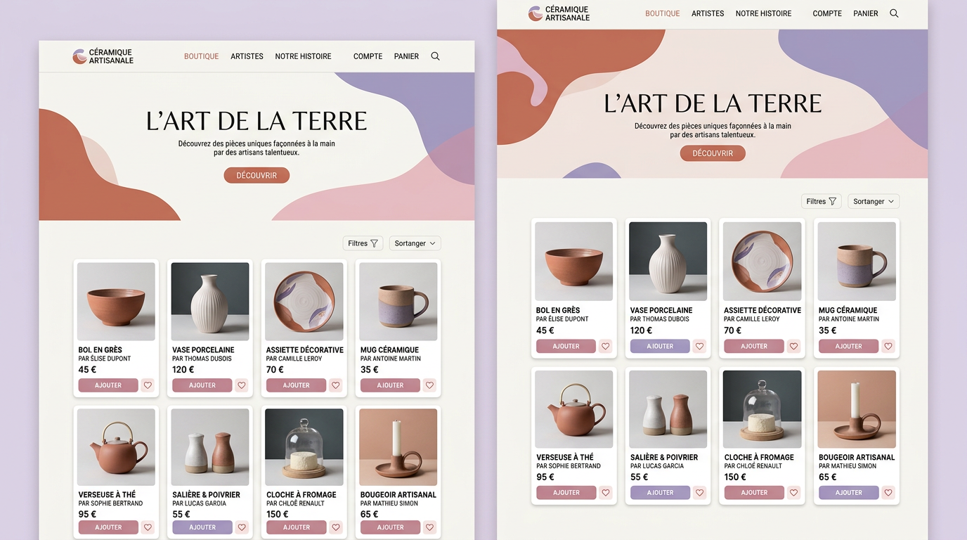 Page d'accueil de la marketplace affichant des bols artisanaux.