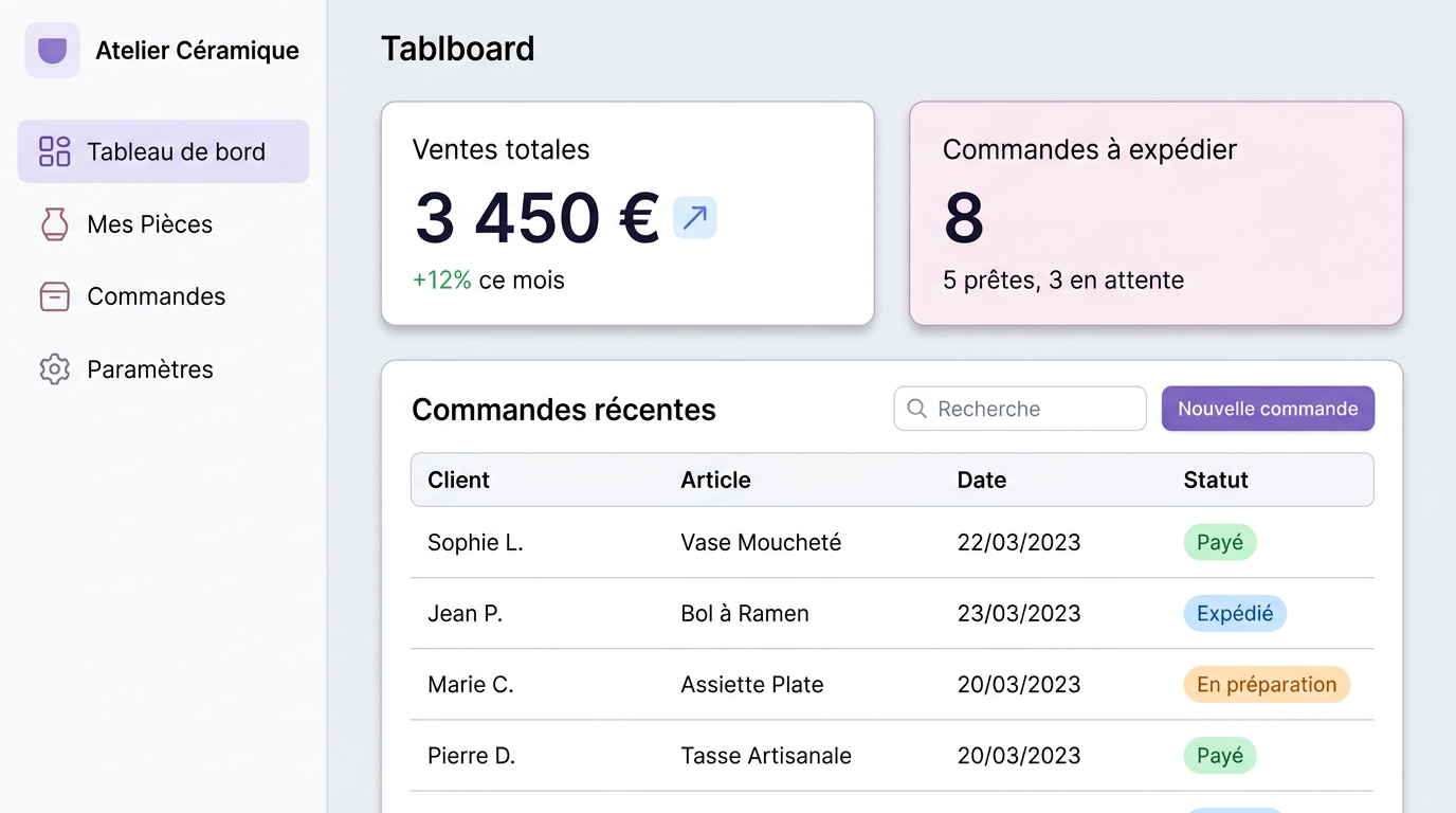Tableau de bord artisan avec suivi de commande.