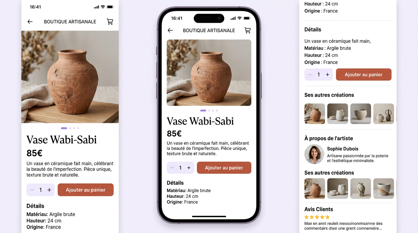Vue mobile d'une page produit céramique.