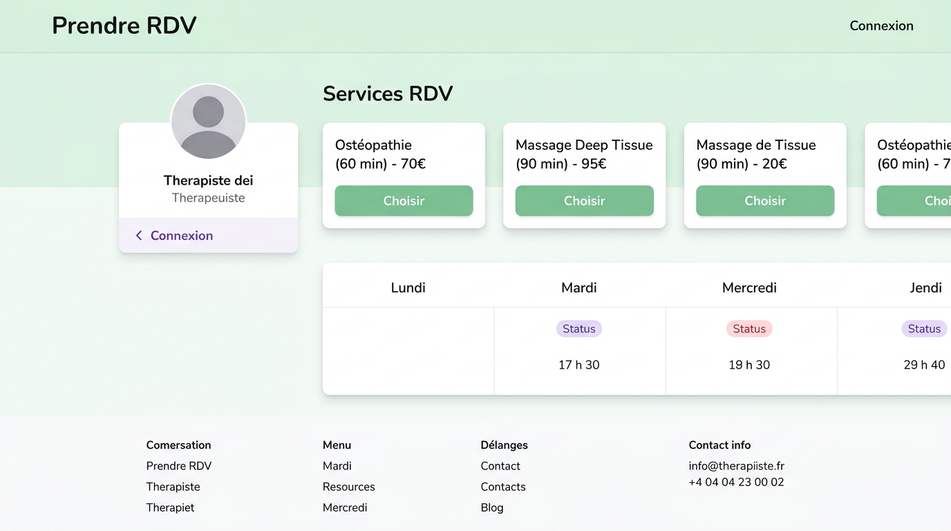 Landing page du portail de réservation avec grille de services et calendrier.