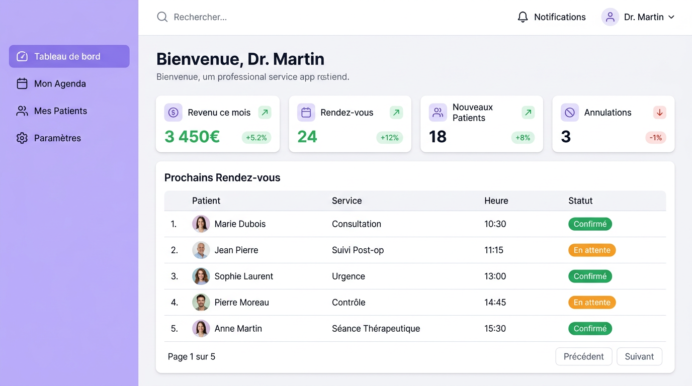 Tableau de bord thérapeute avec statistiques de revenus et rendez-vous.
