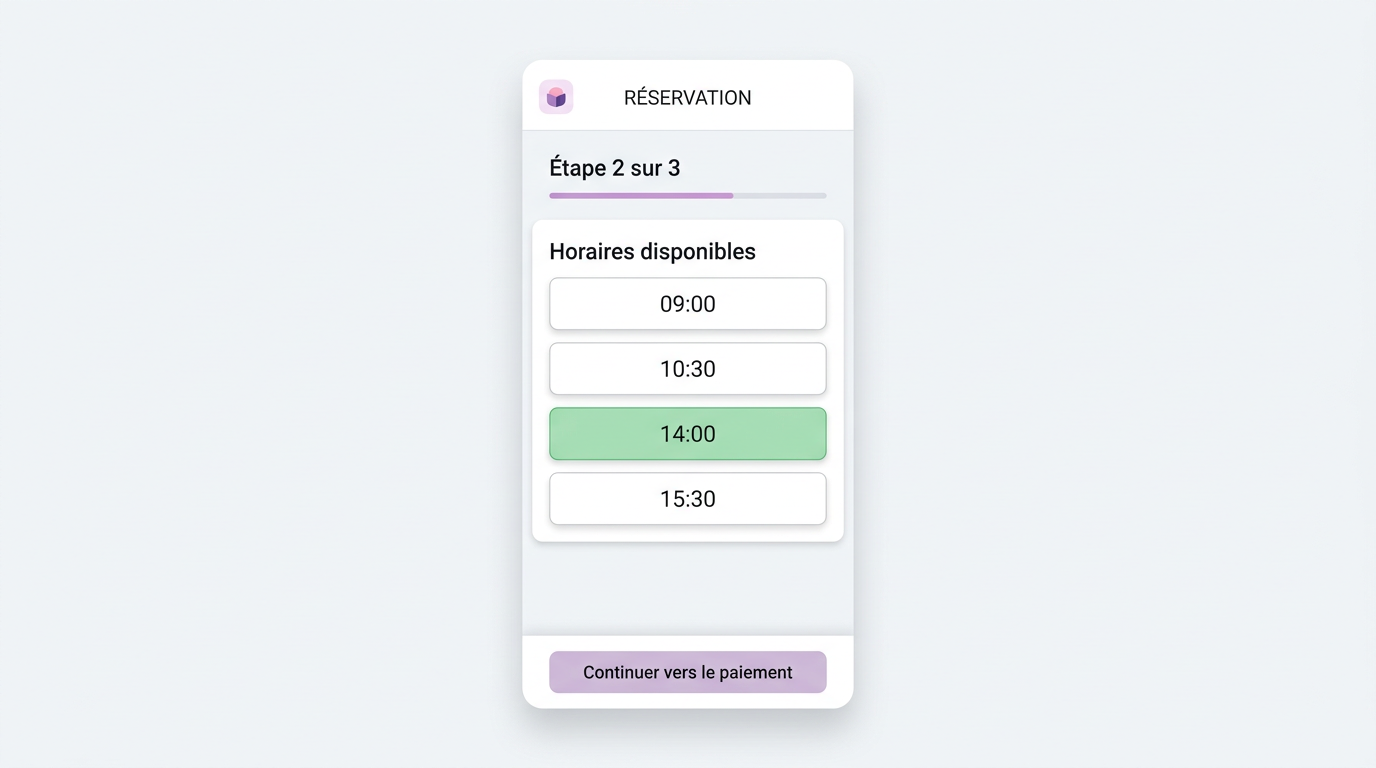 Vue mobile de l'écran de sélection des créneaux horaires.