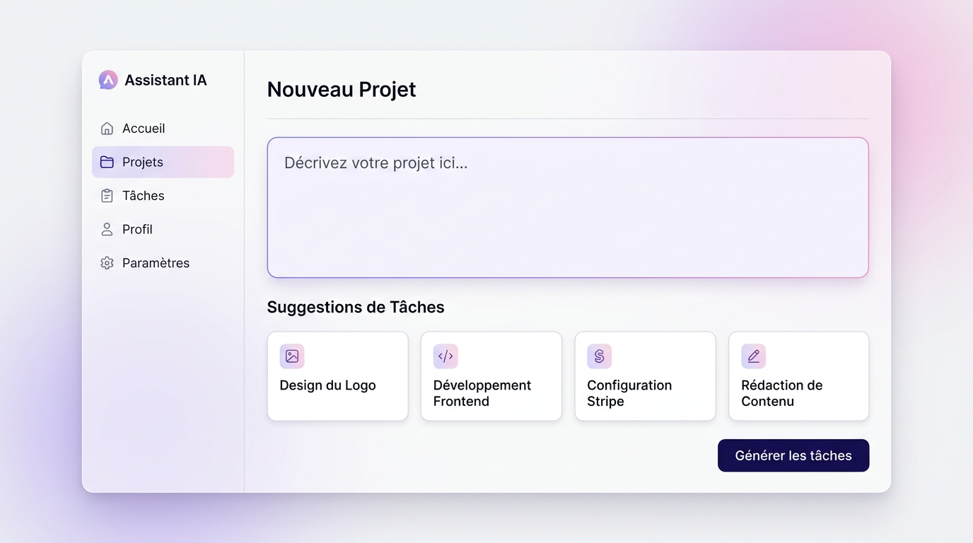 Écran du générateur de projet IA avec zone de saisie et cartes de tâches générées.