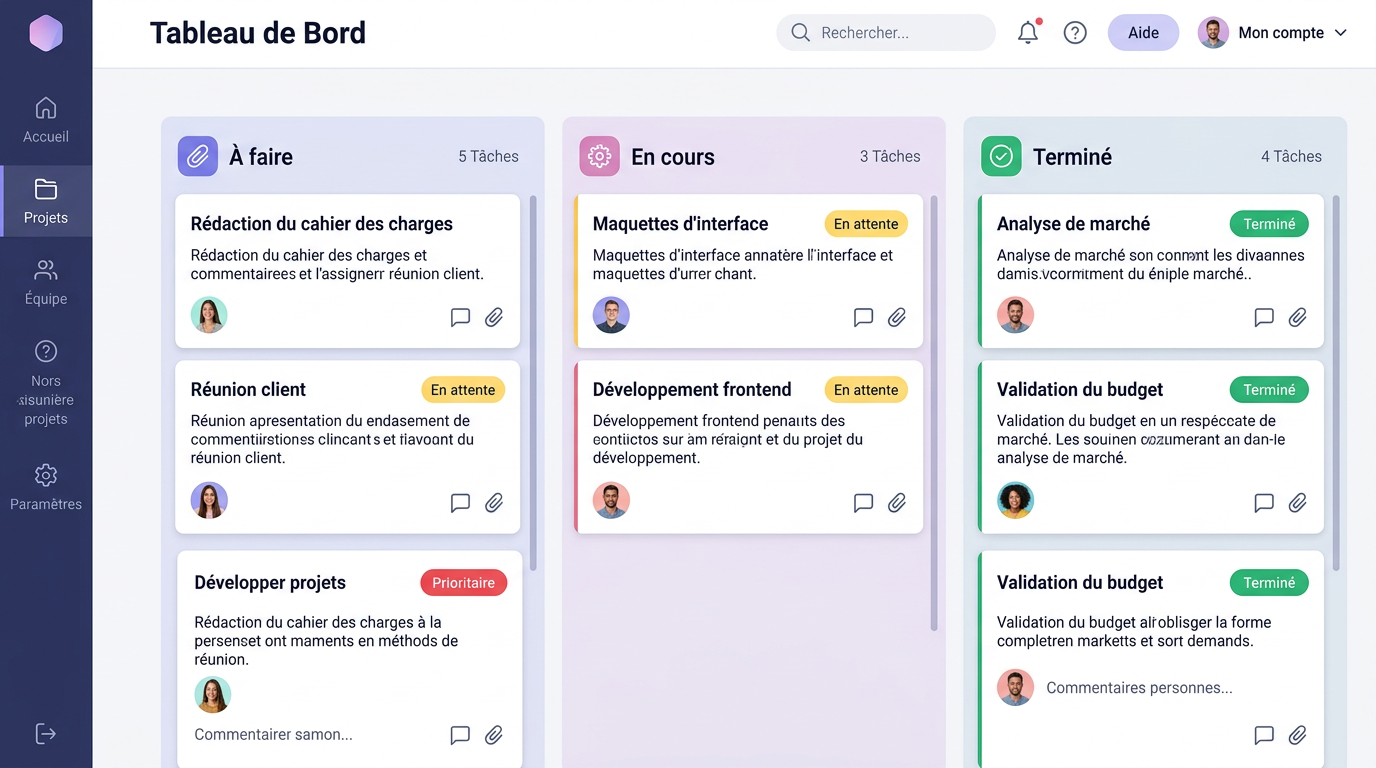 Tableau Kanban interactif avec cartes de tâches et badges de priorité.
