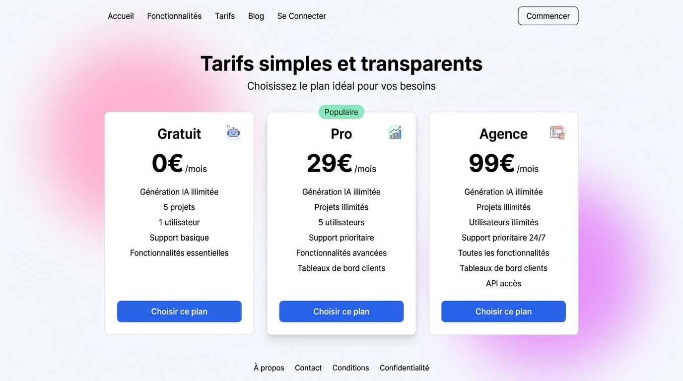 Page de tarifs SaaS avec les plans Starter, Pro et Agence.