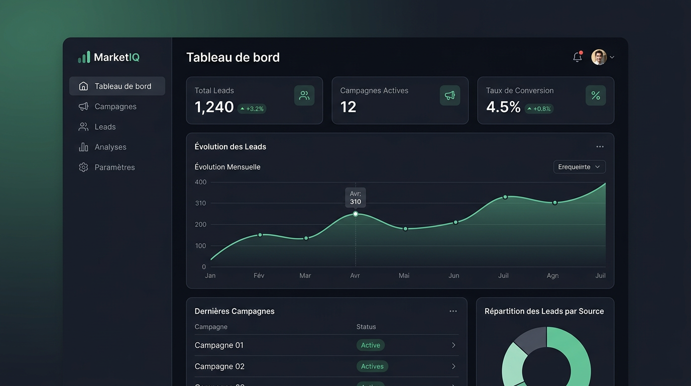 Tableau de bord marketing avec statistiques et graphiques