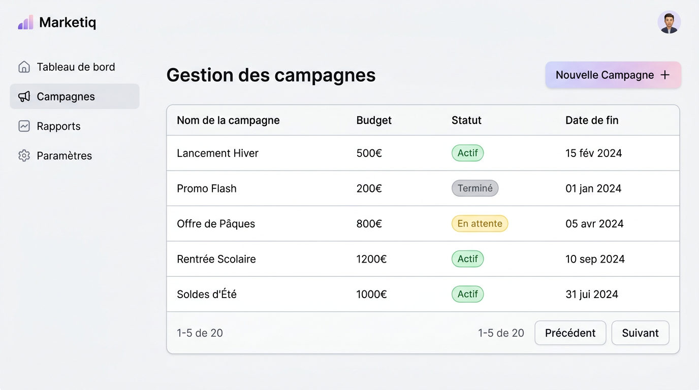Vue en liste de la gestion des campagnes