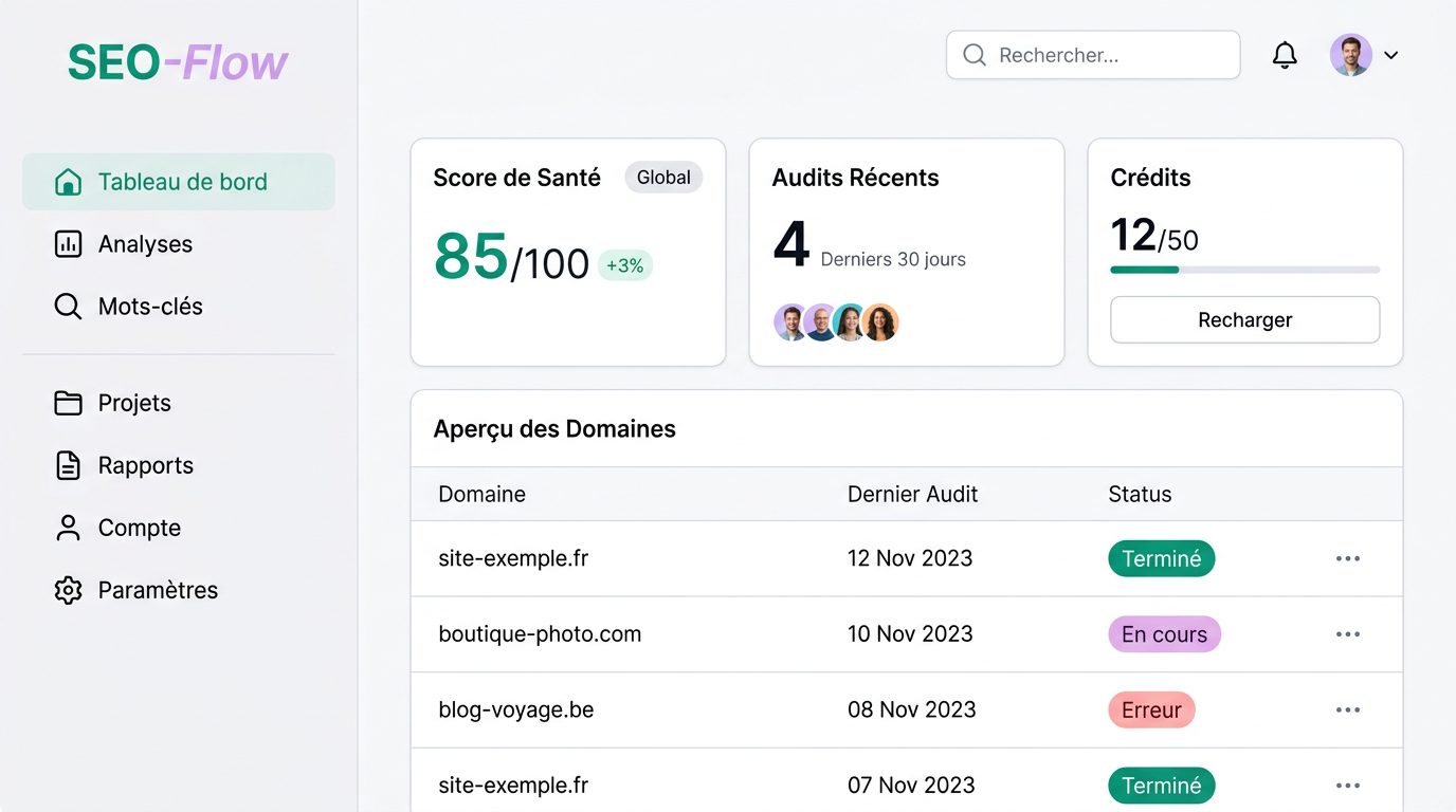Tableau de bord SaaS SEO avec score de santé global et liste des sites.
