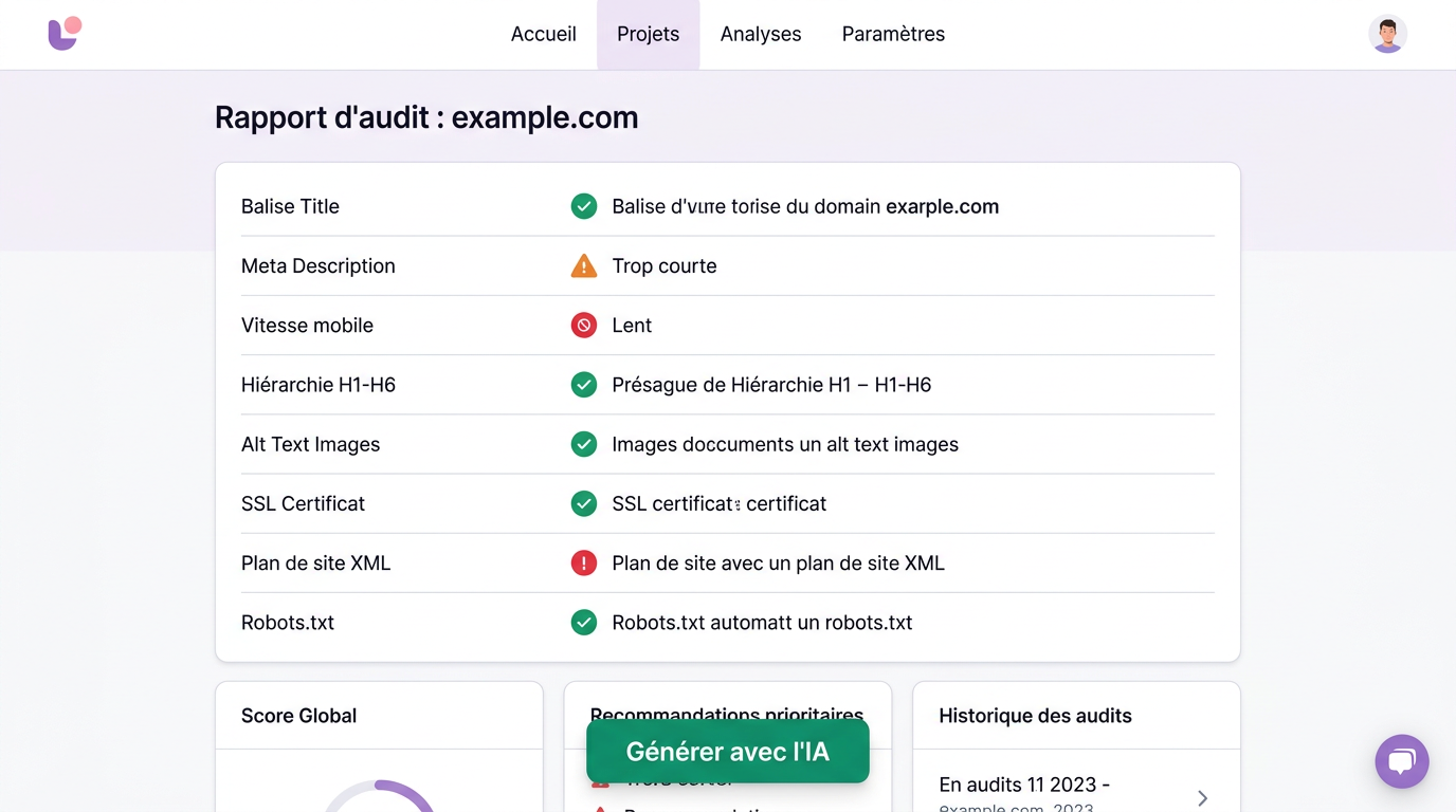Rapport d'audit SEO détaillé avec problèmes techniques et niveaux de priorité.