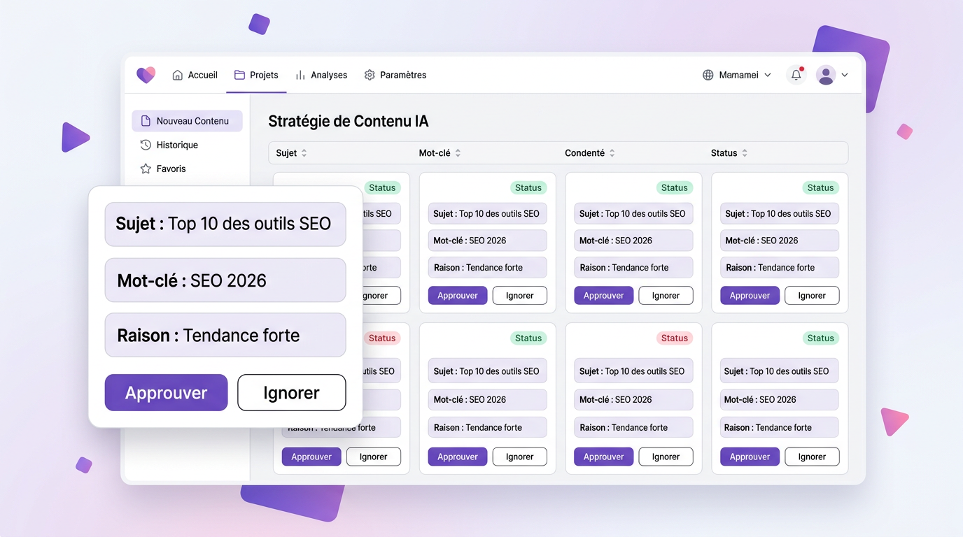 Générateur de stratégie de contenu IA avec suggestions de sujets de blog.